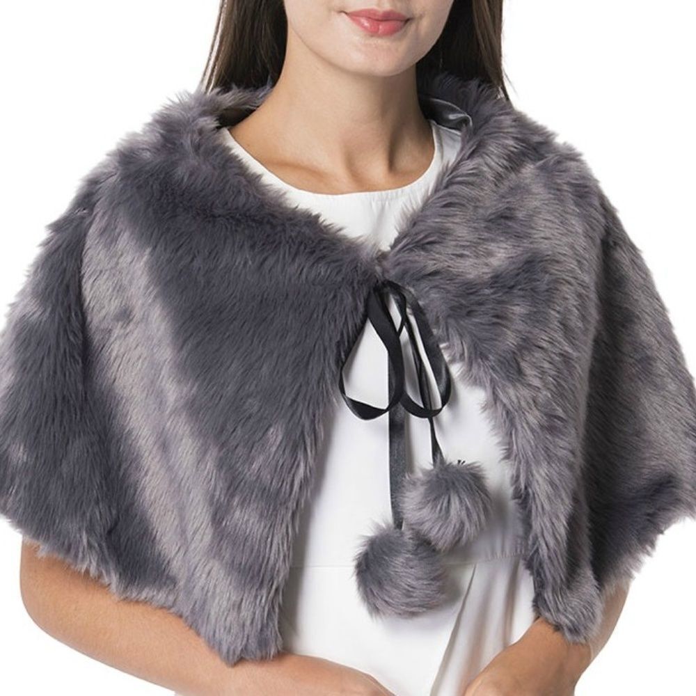Faux Fur Stole Wrap with Pom Pom Gray